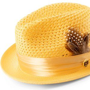 CANARY Solid Color Pinch Braided Fedora With Matching Satin Ribbon Hat H-34